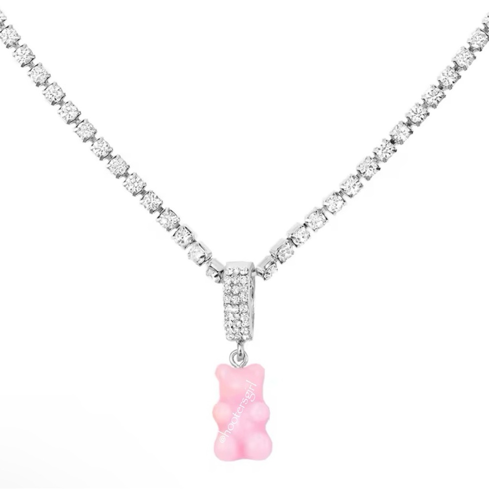 🧸Gummy Bear Charm with Matching Chain, Silver Plated with Paved Rhinestones🧸